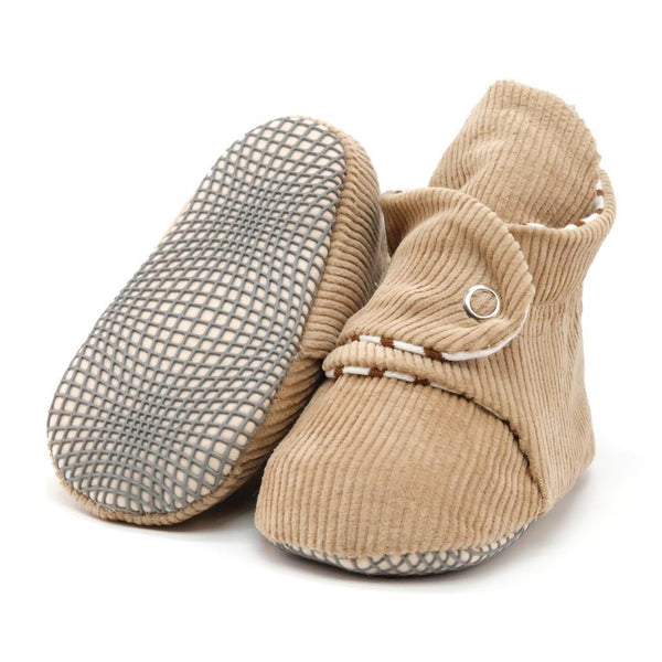 Fitilli Kadife Bebek Pandufu, Kaydırmaz Taban, Çizgili Kreş Ayakkabısı, Organik Pamuk Patik
